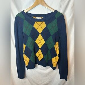 American Eagle Women’s Blue Green Yellow Argyle Academia Sweater (Size XL)